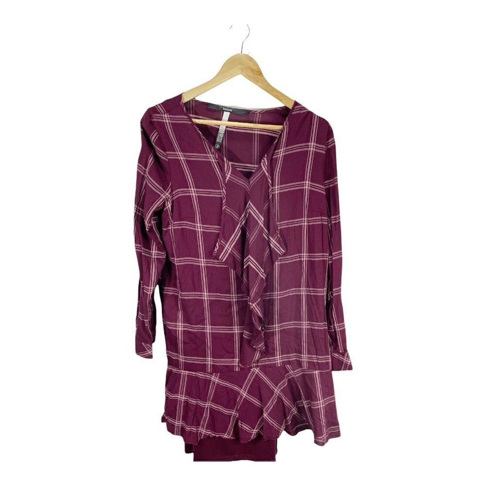 Kensie Purple Plaid Ruffle Front Shift Dress Sz S V-neck Long Sleeve NEW